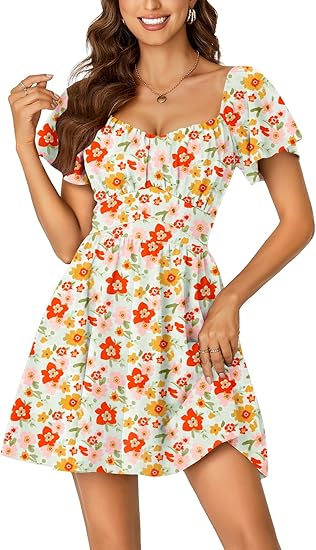 Women's Tie Back Square Neck Wrap Ruffle Short Sleeve Flare Mini Dress