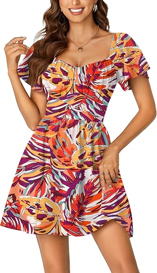 Women's Tie Back Square Neck Wrap Ruffle Short Sleeve Flare Mini Dress